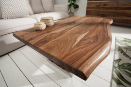 Massief boomstam salontafel GENESIS 110cm acacia massief houten boomrand met slede onderstel industriële afwerking