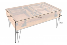 Vintage salontafel SEVEN SEAS 100cm natuurlijk sparrenhouten haarspeldpoten opbergruimte