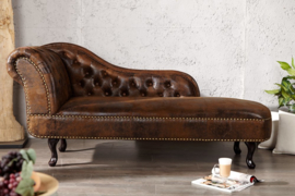 Chesterfield Récamière / longchair 170cm antiek bruin met knoopnaad en klinknagels