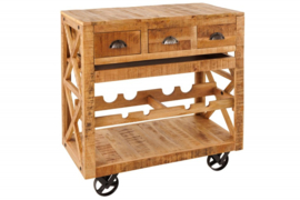 Industriële barkast BODEGA 86 cm mangohouten trolley met wijnrek