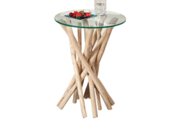 Design bijzettafel DRIFTWOOD 40cm teak met glazen blad ronde salontafel