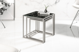 Design bijzettafel set van 3 ELEMENTS 40cm zwart glazen blad in marmerlook