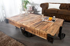 Massiev mangohout design salontafel RAILWAY 120cm met 4 wielen