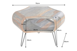 Retro salontafel ORGANIC LIVING 70cm grijs massief sheeshamhout met opbergruimte Hairpin Poten