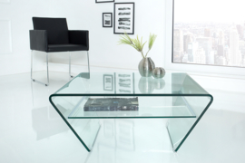 Moderne glazen salontafel FANTOME 70 cm trapezium met doorzichtige plank