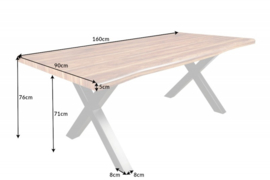 Industriele boomrand eettafel WILD 160cm naturel notenhout look met X-frame