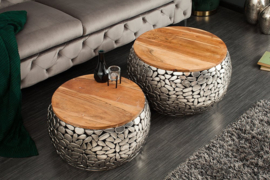 Handgemaakte set van 2 salontafels STONE MOSAIC 65cm zilver acaciahout mozaïek look