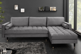 Elegante loungebank VELVET 260 cm grijze fluweel stof.lounge gedeelte aan beide zijden op te monteren.