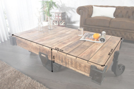 Massiev mangohout design salontafel RAILWAY 120cm met 4 wielen