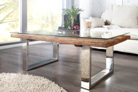 Indrukwekkende salontafel BARRACUDA 110cm antiek teak met onderstel en glas