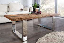 Indrukwekkende salontafel BARRACUDA 110cm antiek teak met onderstel en glas