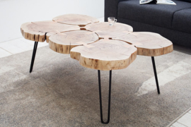 Design salontafel GOA 110cm acacia boomstam plakjes 4 cm tafelblad