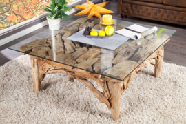 Handgemaakte salontafel RIVERSIDE 100cm teak met glazen blad