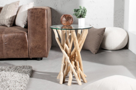 Design bijzettafel DRIFTWOOD 40cm teak met glazen blad ronde salontafel