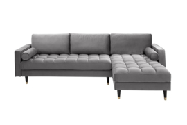 Elegante loungebank VELVET 260 cm grijze fluweel stof.lounge gedeelte aan beide zijden op te monteren.