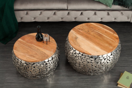Handgemaakte set van 2 salontafels STONE MOSAIC 65cm zilver acaciahout mozaïek look