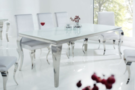 Elegante design eettafel MODERN BAROQUE 200cm wit roestvrijstalen opaal glazen tafelblad
