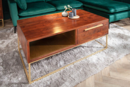 Massief salontafel RECHT 110 cm acaciahout bruin goud met lades