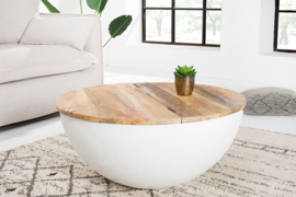 Elegante salontafel INDUSTRIAL met opbergruimte 70 cm mangohouten planken wit onderkant