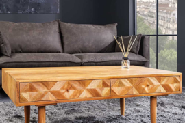Massief houten salontafel ALPINE 105 cm natuurlijke acaciahoningafwerking met opbergladen