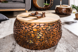 Handgemaakte set van 2 salontafels STONE MOSAIC 65cm koper acacia hout mozaïek look