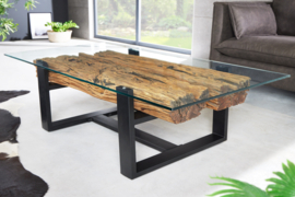 Design salontafel BARRACUDA 130cm gerecycleerd teak glasblad zwart RVS industrieel