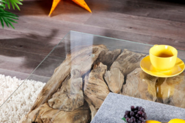 Handgemaakte salontafel RIVERSIDE 100cm teak met glazen blad