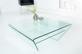Moderne glazen salontafel FANTOME 70 cm trapezium met doorzichtige plank