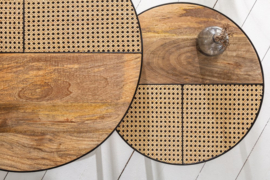 Set van 2 industriële salontafels VIENNA LOUNGE 70 cm rond mangohout met vlechtwerk