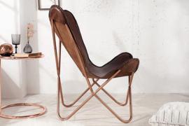 Retro fauteuil Vlinder bruin met echt lederen bekleding koperen frame
