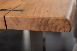 Massieve eettafel MAMMUT ARTWORK 220 cm acacia 6 cm blad naturel roestvrij staal