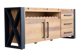 Massief dressoir BIG 195 cm grenen hout industrieel design met flessenhouder