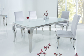 Elegante design eettafel MODERN BAROQUE 180cm wit roestvrijstalen opaal glazen tafelblad