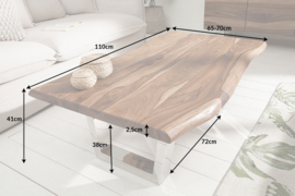 Massief boomstam salontafel GENESIS 110cm acacia massief houten boomrand met slede onderstel industriële afwerking