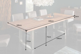 Massieve eettafel MAMMUT ARTWORK 220 cm acacia 6 cm blad naturel roestvrij staal