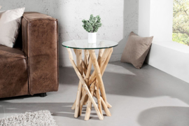 Design bijzettafel DRIFTWOOD 40cm teak met glazen blad ronde salontafel