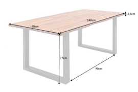 Massieve boomstam eettafel Mose 140cm acacia boomrand skid frame industriële afwerking