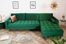 Elegante loungebank COSY VELVET 260 cm smaragdgroen fluweel stof.lounge gedeelte aan beide zijde op te monteren.