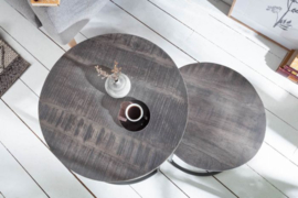Industriële set van 2 bijzettafels ELEMENTS 57cm mangohout grijs massief hout