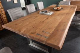 Massieve eettafel MAMMUT ARTWORK 200cm acacia 6cm blad naturel roestvrij staal