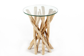 Design bijzettafel DRIFTWOOD 40cm teak met glazen blad ronde salontafel