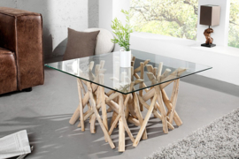 Design teakhouten salontafel Vierkant met Glazenblad 80 x 80 cm