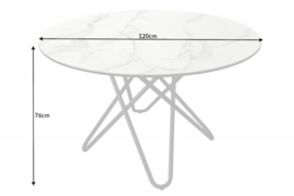 Extravagante eettafel ELLIPSE 120cm wit keramiek marmerlook ronde hairpin poten