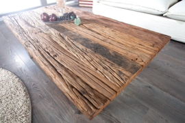 Indrukwekkende salontafel BARRACUDA 110cm antiek teak met onderstel en glas