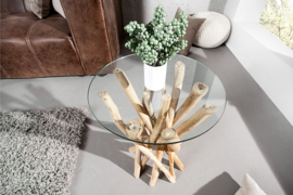 Design bijzettafel DRIFTWOOD 40cm teak met glazen blad ronde salontafel