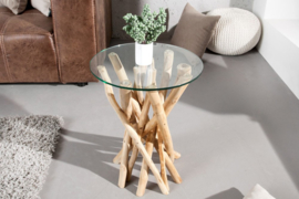 Design bijzettafel DRIFTWOOD 40cm teak met glazen blad ronde salontafel