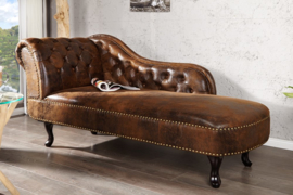 Chesterfield Récamière / longchair 170cm antiek bruin met knoopnaad en klinknagels