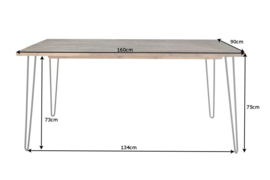 Retro eettafel SCORPION 160 cm acacia bruin verweerde haarspeldpoten