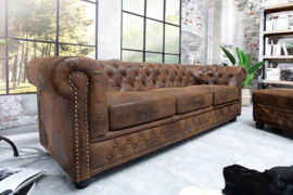 Chesterfield 3-zits bank 205cm antiek bruin met knoopsluiting en veerkern