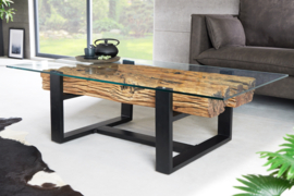 Design salontafel BARRACUDA 130cm gerecycleerd teak glasblad zwart RVS industrieel